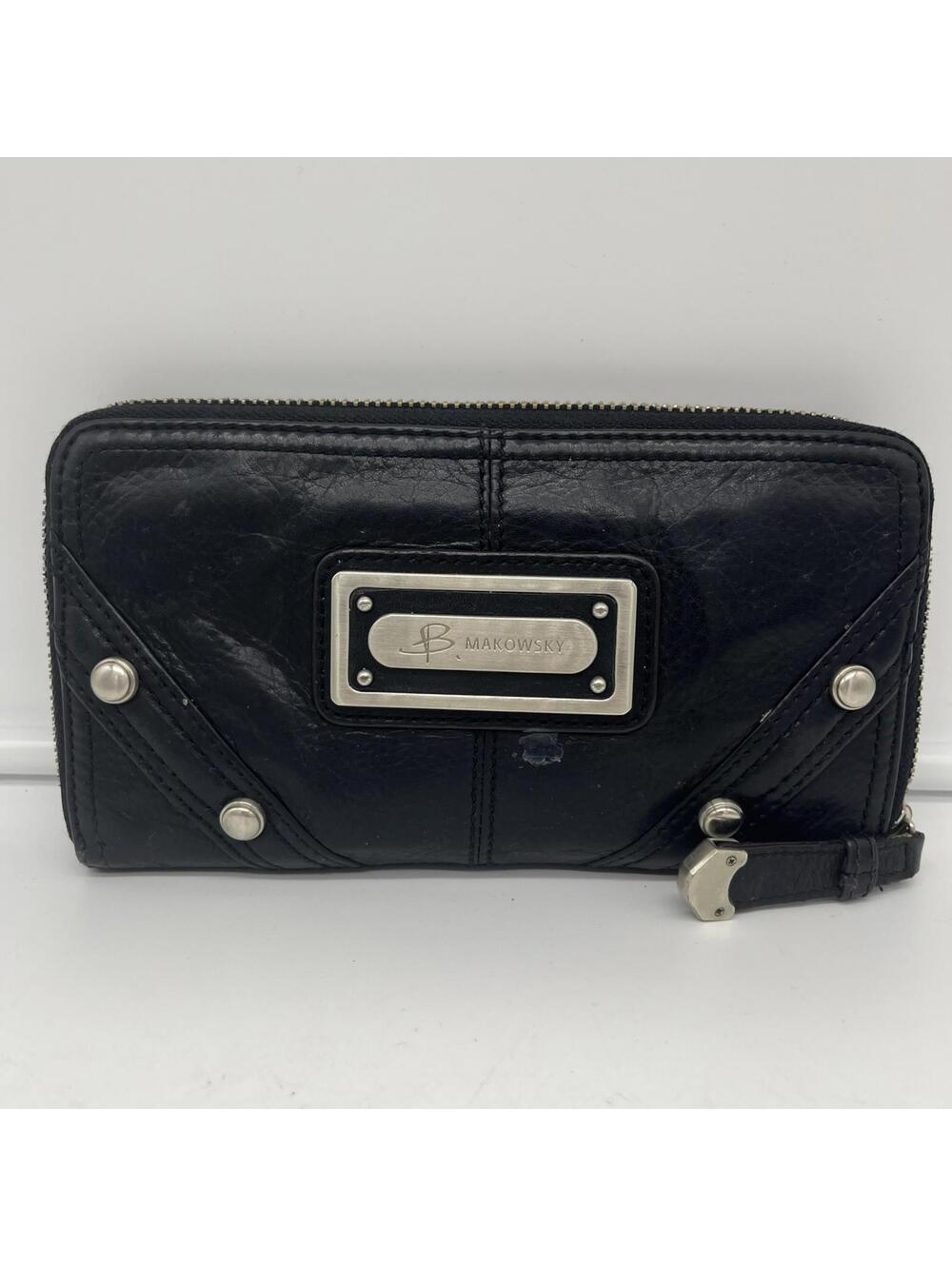 B Makowsky Leather Zip Around Wallet Black Silver w Leopard 8in X 4.5in Flaw